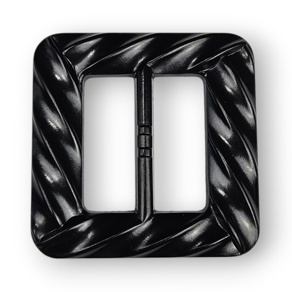 Art Deco Bakelite Sash Belt Buckle Scarf Slide Black Wave Design Square Vtg 2"